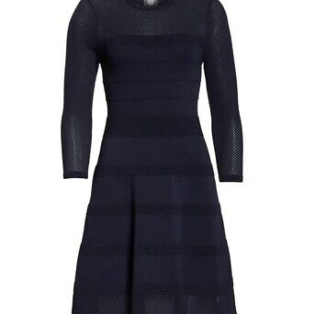 Vince Camuto Navy Blue Eyelet Pointelle Fit Flare Sweater Dress S NEW